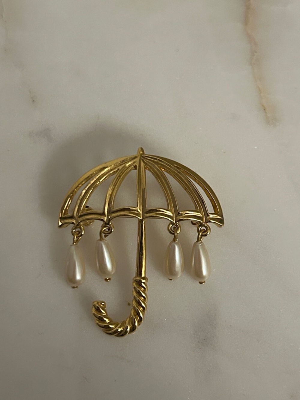Marvella Gold Umbrella Brooch with Dangling Faux Teardrop Shaped Pearls